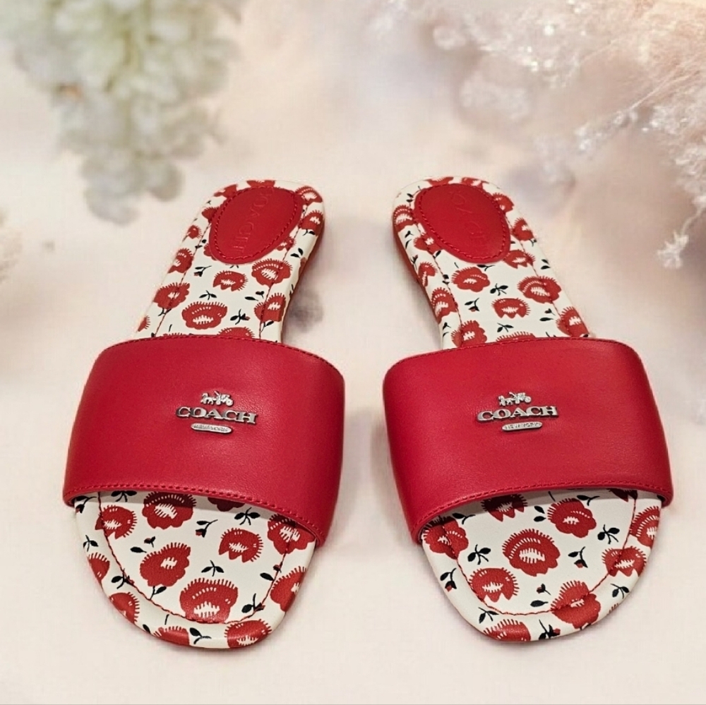 Coach Red Floral Print Slide Sandals Size--7.5